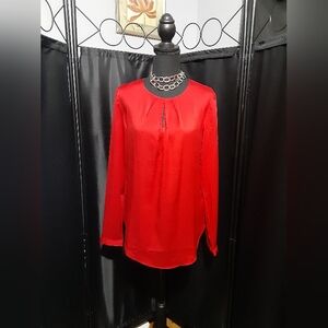 Ann Taylor Women's Red Pleated Neck Blouse Long Sleeve Zip Back Career Office S